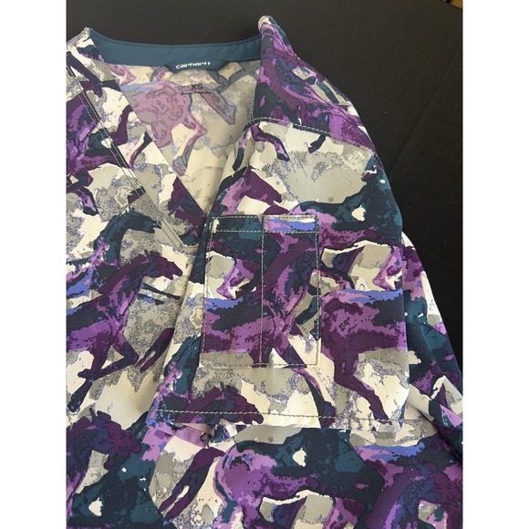 Carhartt Force Women's Size XS Wild Horses Run Scrub Top Purple/Grey/Bluegreen - Picture 11 of 16
